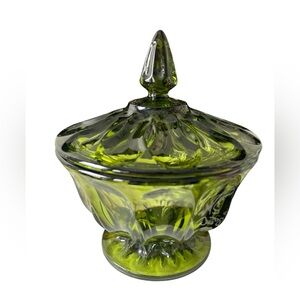 Vintage Anchor Hocking Avocado Green Glass Covered Candy Dish